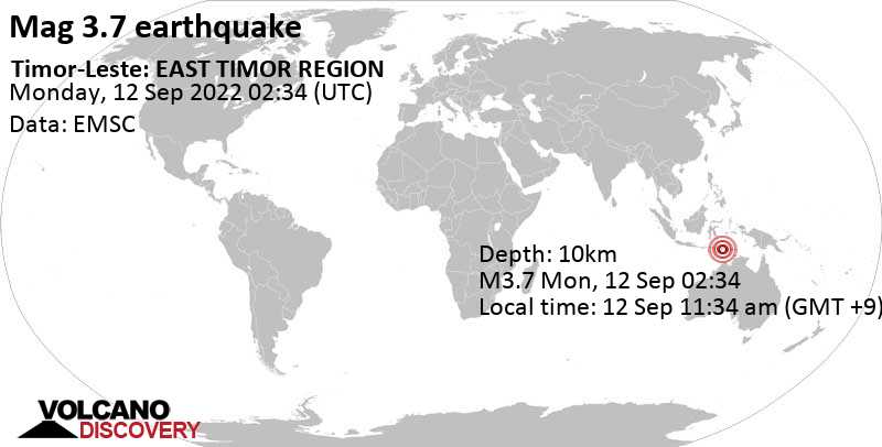 Ελαφρύς σεισμός μεγέθους 3.7 - Ινδονησία, 2.6 km νοτιοδυτικά από Suai, Τιμόρ-Λέστε, Δευτέρα, 12 Σεπ 2022 11:34 (GMT +9)