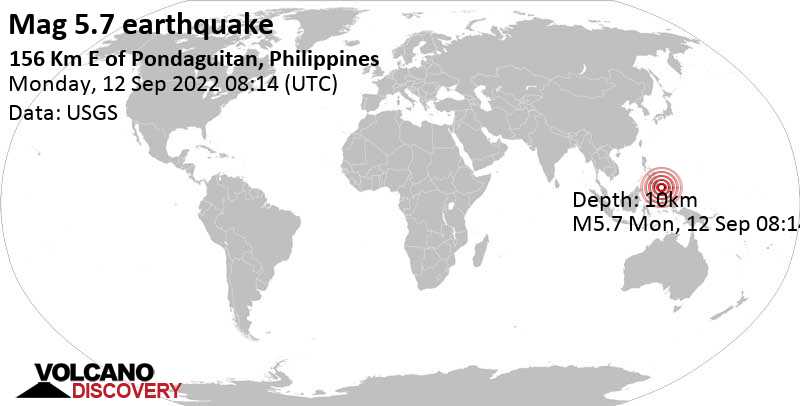 Terremoto forte mag. 5.7 - Philippine Sea, 173 km a sud-est da Mati, Province of Davao Oriental, Filippine, lunedì, 12 set 2022 16:14 (GMT +8)