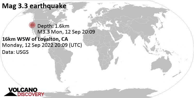 Leichtes Erdbeben der Stärke 3.3 - 36 km nordwestlich von Truckee, Nevada County, Kalifornien, USA, am Montag, 12. Sep 2022 um 13:09 Lokalzeit