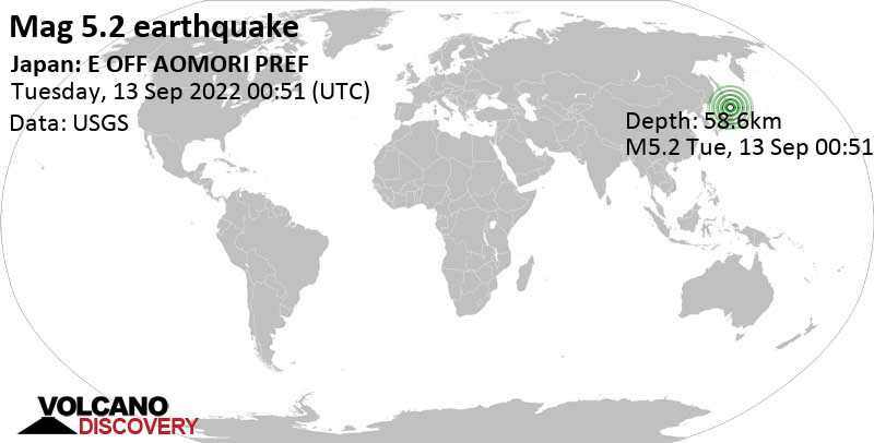 Μέτριος σεισμός μεγέθους 5.2 - North Pacific Ocean, 81 km ανατολικά από Mutsu, Ιαπωνία, Τρίτη, 13 Σεπ 2022 09:51 (GMT +9)