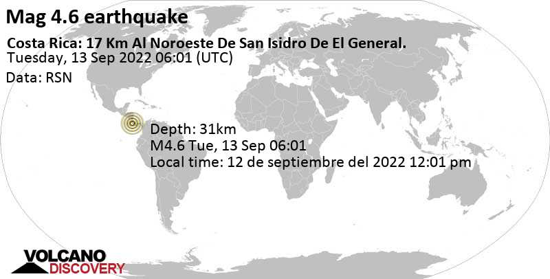 Terremoto moderado mag. 4.6 - 59 km SSE of San Jose, San José, Costa Rica, martes, 13 sep 2022 00:01 (GMT -6)
