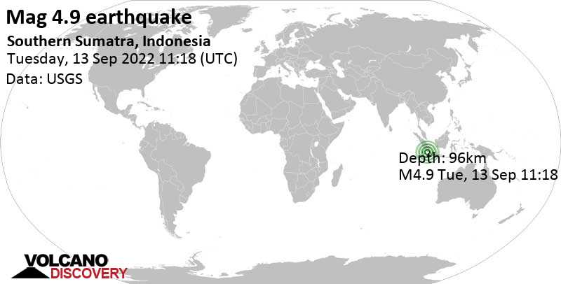 Ελαφρύς σεισμός μεγέθους 4.9 - Indian Ocean, 121 km δυτικά από Bandar Lampung, Ινδονησία, Τρίτη, 13 Σεπ 2022 18:18 (GMT +7)