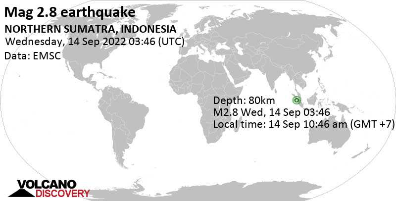 Sismo muy débil mag. 2.8 - 121 km NW of Bukittinggi, Sumatra Barat, Indonesia, miércoles, 14 sep 2022 10:46 (GMT +7)