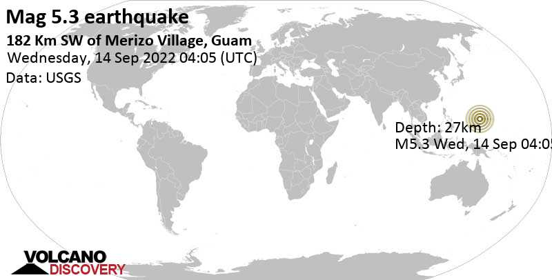 Sismo M 5.3: Océano Pacífico Norte, 216 km al suroeste de Dededo Village, Guam, miércoles, 14 sep 2022 14:05 (GMT +10)