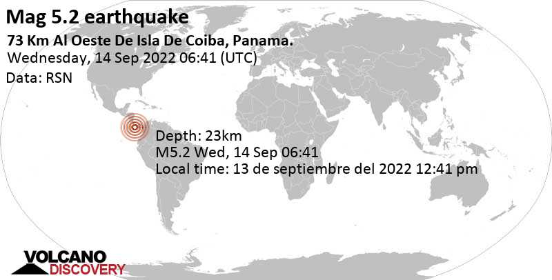 Tremblement de terre fort magnitude 5.2 - Océan Pacifique Nord, 138 km au sud de David, Provincia de Chiriqui, Panama, mercredi, 14 sept. 2022 01:41 (GMT -5)