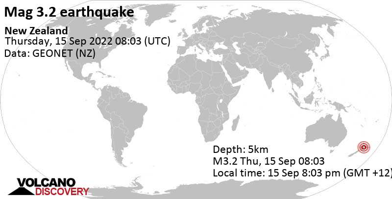 Sismo M 3.2: 15 km al suroeste de Taupo, Waikato, Nueva Zelanda, jueves, 15 sep 2022 20:03 (GMT +12)