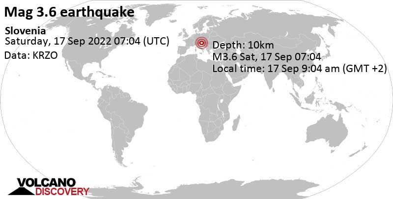 Ελαφρύς σεισμός μεγέθους 3.6 - Trbovlje, 46 km ανατολικά από Λιουμπλιάνα, Σλοβενία, Σάββατο, 17 Σεπ 2022 09:04 (GMT +2)