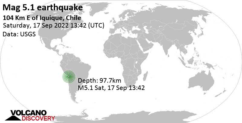 Moderate mag. 5.1 earthquake - 100 km east of Alto Hospicio, Provincia de Iquique, Tarapaca, Chile, on Saturday, Sep 17, 2022 at 10:42 am (GMT -3)
