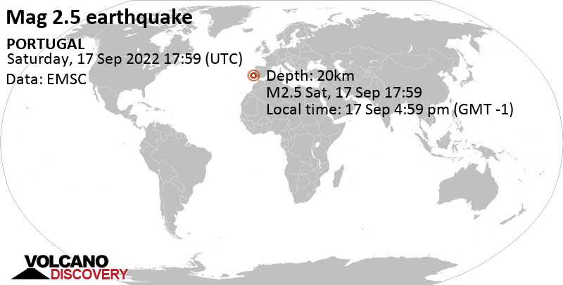 Schwaches Erdbeben Stärke 2.5 - North Atlantic Ocean, 98 km südwestlich von Setubal, Portugal, am Samstag, 17. Sep 2022 um 16:59 Lokalzeit