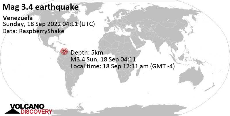 Terremoto leve mag. 3.4 - 39 km NW of Guanare, Portuguesa, Venezuela, domingo, 18 sep 2022 00:11 (GMT -4)