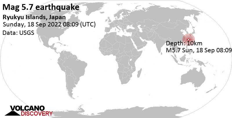 Strong mag. 5.7 earthquake - East China Sea, 167 km west of Naha, Okinawa, Japan, on Sunday, Sep 18, 2022 at 5:09 pm (GMT +9)