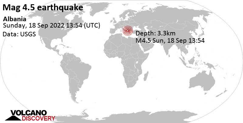 Μέτριος σεισμός μεγέθους 4.5 - 43 km νοτιοανατολικά από Avlon, Qarku i Vlorës, Αλβανία, Κυριακή, 18 Σεπ 2022 15:54 (GMT +2)