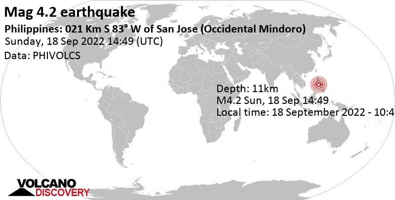 Sismo M 4.2: Sulu Sea, 21 km al oeste de San Jose, Occidental Mindoro, Mimaropa, Filipinas, domingo, 18 sep 2022 22:49 (GMT +8)