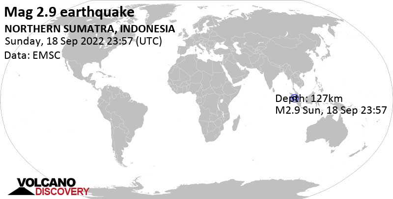 Sehr schwaches Beben Stärke 2.9 - 68 km südöstlich von Padangsidempuan, Sumatera Utara, Indonesien, am Montag, 19. Sep 2022 um 06:57 Lokalzeit