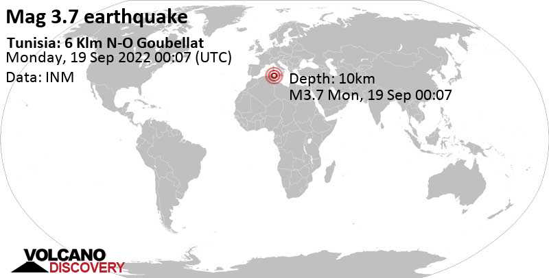 3.7 quake 7.1 km south of Medjez el Bab, Gouvernorat de Béja, Tunisia, Sep 19, 2022 1:07 am (GMT +1)
