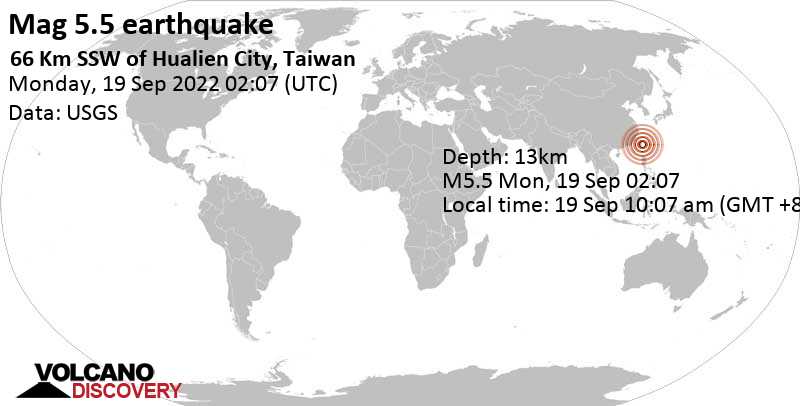 5.5 quake 66 Km SSW of Hualien City, Taiwan, Sep 19, 2022 10:07 am (GMT +8)