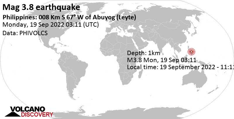3.8 quake Leyte Island, 7.3 km southwest of Abuyog, Philippines, Sep 19, 2022 11:11 am (GMT +8)