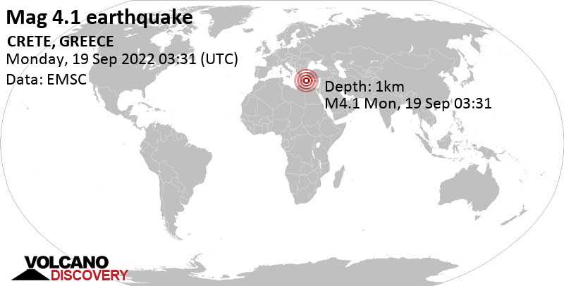 4.1 quake Aegean Sea, 24 km east of Sitia, Lasithi, Crete, Greece, Sep 19, 2022 5:31 am (GMT +2)