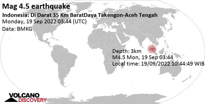 4.5 quake 61 km northeast of Meulaboh, Kabupaten Aceh Barat, Indonesia, Sep 19, 2022 10:44 am (GMT +7)