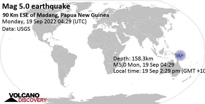 5.0 quake Bismarck Sea, 91 km east of Madang, Papua New Guinea, Sep 19, 2022 2:29 pm (GMT +10)