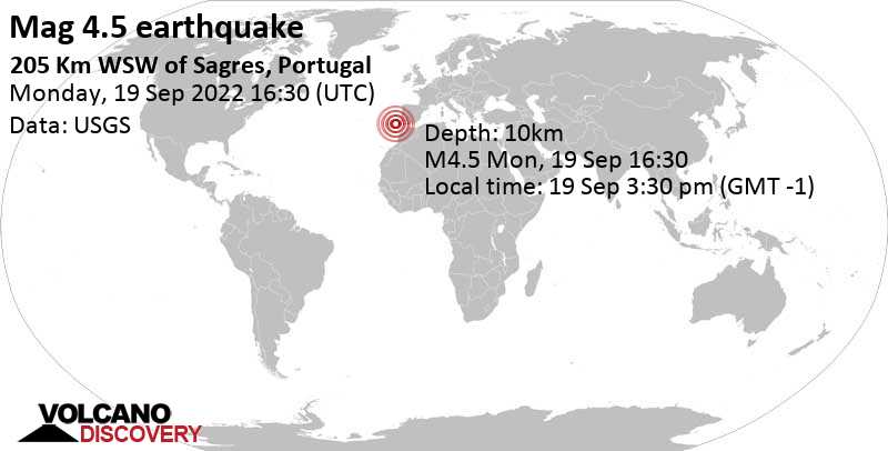 4.5 quake North Atlantic Ocean, Portugal, Sep 19, 2022 3:30 pm (GMT -1)