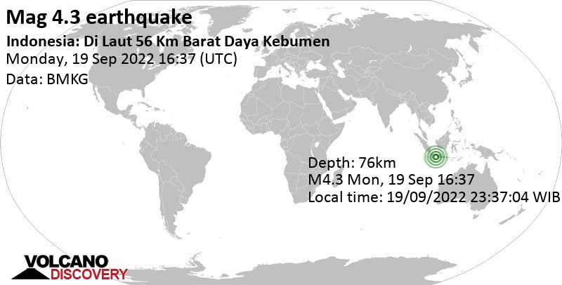 4.3 quake Indian Ocean, 63 km south of Gombong, Central Java, Indonesia, Sep 19, 2022 11:37 pm (GMT +7)