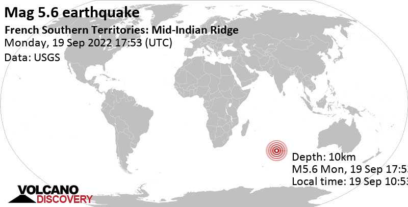 5.6 quake Indian Ocean, French Southern Territories, Sep 19, 2022 10:53 pm (GMT +5)