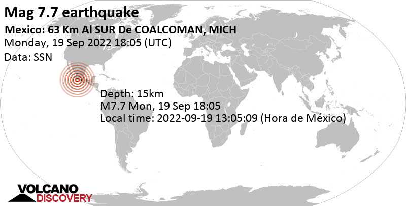 Sismo M 7.7: Océano Pacífico Norte, 99 km al sureste de Tecoman, Estado de Colima, México, lunes, 19 sep 2022 13:05 (GMT -5)