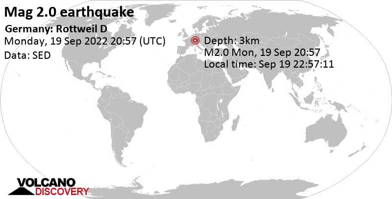 2.0 quake 11 km south of Balingen, Tuebingen, Baden-Württemberg, Germany, Sep 19, 2022 10:57 pm (GMT +2)