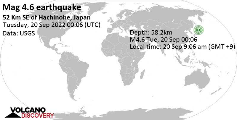 4.6 quake North Pacific Ocean, 52 km southeast of Hachinohe, Aomori, Japan, Sep 20, 2022 9:06 am (GMT +9)