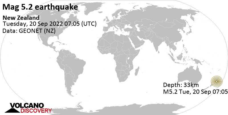 5.2 quake South Pacific Ocean, New Zealand, Sep 19, 2022 7:05 pm (GMT -12)