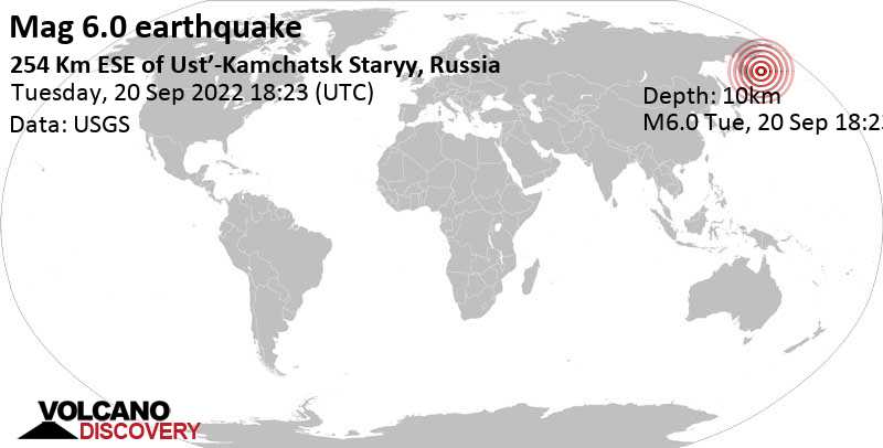 6.0 quake Bering Sea, 43 km northeast of Nikolski, Kamchatka, Russia, Sep 21, 2022 6:23 am (GMT +12)