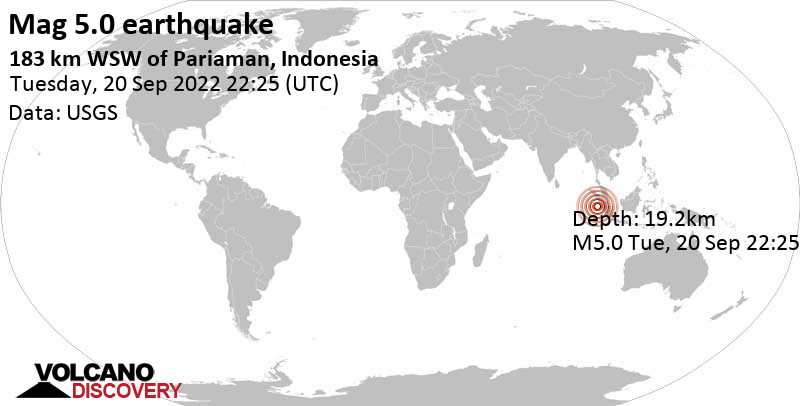 5.0 quake Indian Ocean, 200 km west of Padang, Sumatra Barat, Indonesia, Sep 21, 2022 5:25 am (GMT +7)