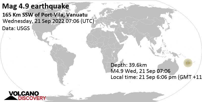 4.9 quake Coral Sea, 166 km southwest of Port Vila, Shefa Province, Vanuatu, Sep 21, 2022 6:06 pm (GMT +11)