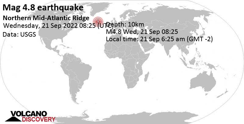 4.8 quake North Atlantic Ocean Sep 21, 2022 6:25 am (GMT -2)