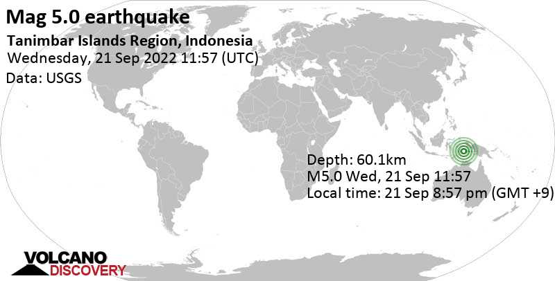 5.0 quake Banda Sea, 199 km west of Tual, Maluku, Indonesia, Sep 21, 2022 8:57 pm (GMT +9)