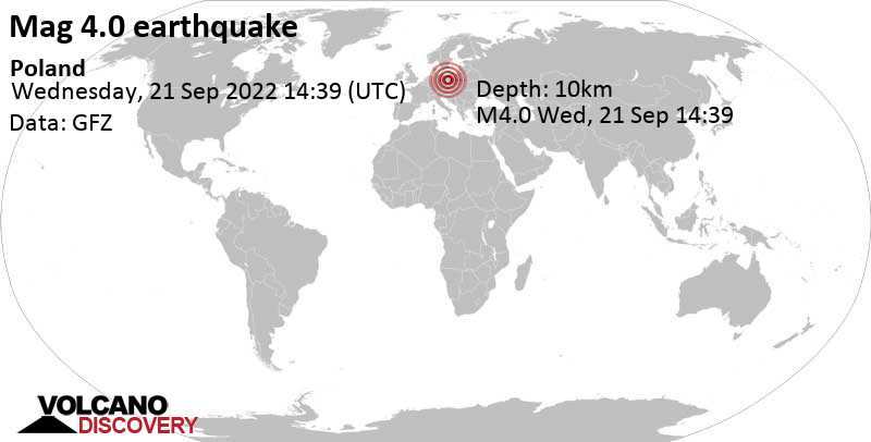 4.0 quake 14 km south of Glogow, Lower Silesia, Poland, Sep 21, 2022 4:39 pm (GMT +2)