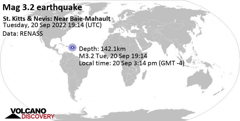 Незначительное землетрясение маг. 3.2 - Карибское море, 50 km к востоку от Бастер, Сент-Китс и Невис, Вторник, 20 сен 2022 15:14 (GMT -4)