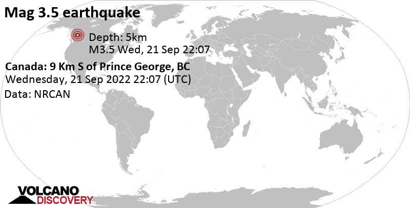 Sismo M 3.4: 32 km a sud ovest da Prince George, Distretto regionale di Fraser-Fort George, Columbia Britannica, Canada, mercoledì, 21 set 2022 15:07 (GMT -7)