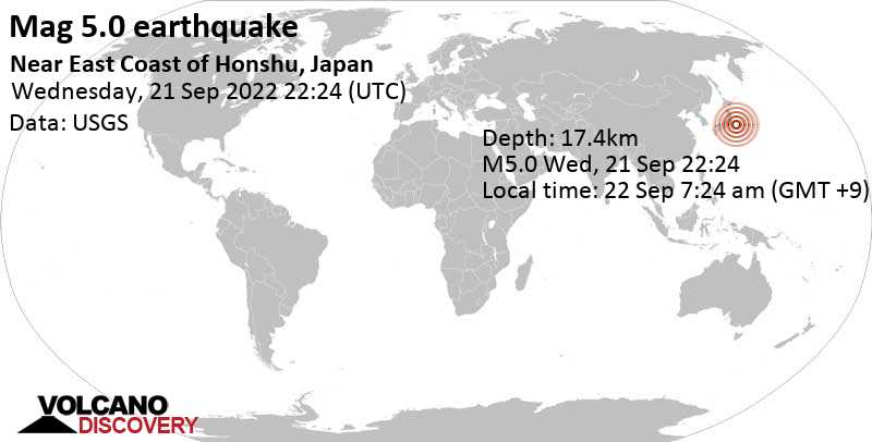 地震情報: マグニチュード強。  5.0 地震 – 北太平洋、千葉県茂原の東 89 km、2022 年 9 月 22 日木曜日午前 7 時 24 分 (GMT +9)