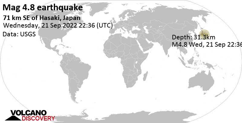 4.8 quake North Pacific Ocean, 92 km east of Mobara, Chiba, Japan, Sep 22, 2022 7:36 am (GMT +9)