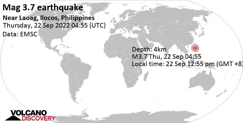 3.7 quake Cordillera, 30 km northeast of Vigan, Province of Ilocos Sur, Philippines, Sep 22, 2022 12:55 pm (GMT +8)