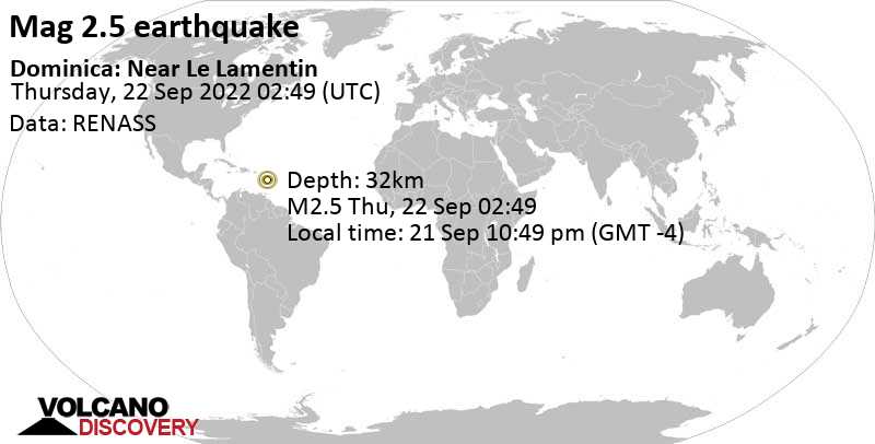 Незначительное землетрясение маг. 2.5 - North Atlantic Ocean, 60 km к востоку от Розо, Доминика, Среда, 21 сен 2022 22:49 (GMT -4)