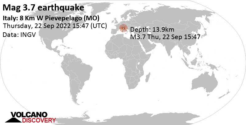 3.7 quake Emilia-Romagna, 38 km north of Lucca, Tuscany, Italy, Sep 22, 2022 5:47 pm (GMT +2)