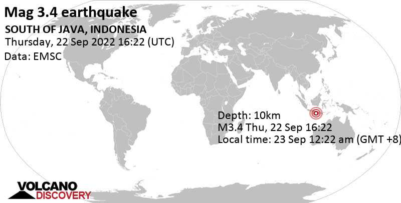 Leichtes Erdbeben der Stärke 3.4 - Indischer Ozean, 128 km südlich von Genteng, Jawa Timur, Indonesien, am Freitag, 23. Sep 2022 um 00:22 Lokalzeit
