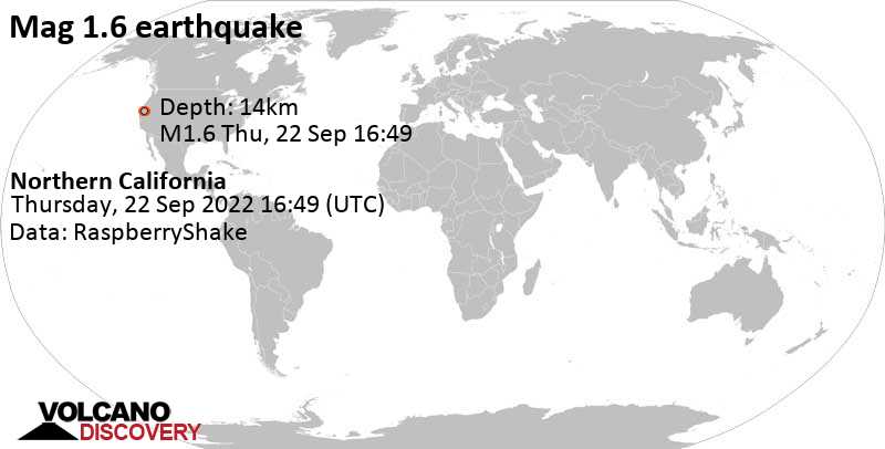 Minor mag. 1.6 earthquake - 19 mi northeast of Redding, Shasta County, California, USA, on Thursday, Sep 22, 2022 at 9:49 am (GMT -7)