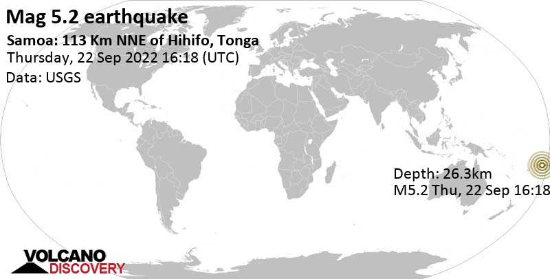 5.2 quake South Pacific Ocean, 229 km southwest of Apia, Tuamasaga, Samoa, Sep 23, 2022 5:18 am (GMT +13)