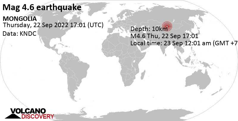 4.6 quake 265 km south of Khovd, Jargalant, Hovd, Mongolia, Sep 23, 2022 12:01 am (GMT +7)