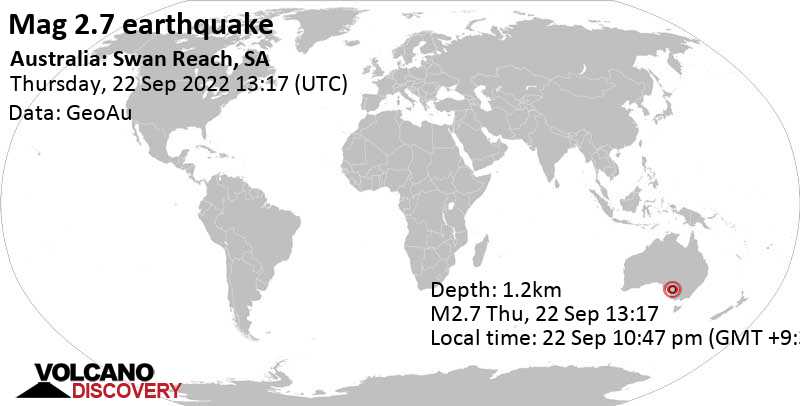 Light mag. 2.7 earthquake - 39 km east of Nuriootpa, Barossa, South Australia, on Thursday, Sep 22, 2022 at 10:47 pm (GMT +9:30)