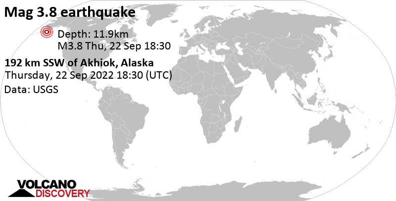 Αδύναμος σεισμός μεγέθους 3.5 - 182 km νότια από Akhiok, Kodiak Island, Αλάσκα, Ηνωμένες Πολιτείες, Πέμπτη, 22 Σεπ 2022 10:30 (GMT -8)